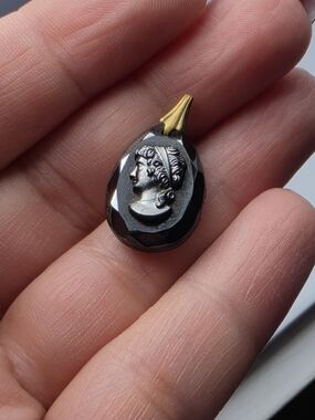 Victorian Black False Hematite Silver Cameo Pendant with Brass Bail 1930s